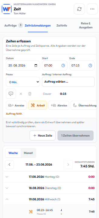 WerkTeam Smartphone: Zeitrückmeldung